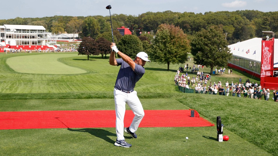Bryson DeChambeau testing out the direct route to the first green during his practice round (Photo: Michael Reaves/PGA of America)