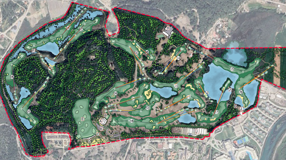 Architect Andrew Craven has routed the course so both loops of nine return to an elevated clubhouse (labelled A on the plan)
