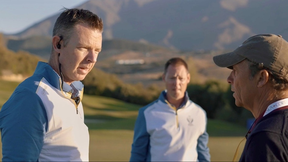 Julian Mooney and Adam Moeller provide instruction around setup to Ignacio Soto of Finca Cortesin for the 2023 Solheim Cup (Photo: Turfgrass)
